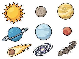 Cute Cartoon Solar System Illustration with Colorful Planets and Sun © Cumi Studio