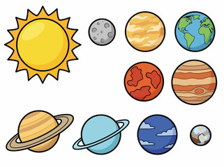Cute Cartoon Solar System Illustration with Colorful Planets and Sun © Cumi Studio