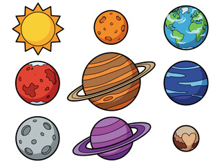 Cute Cartoon Solar System Illustration with Colorful Planets and Sun © Cumi Studio