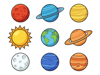 Cute Cartoon Solar System Illustration with Colorful Planets and Sun © Cumi Studio