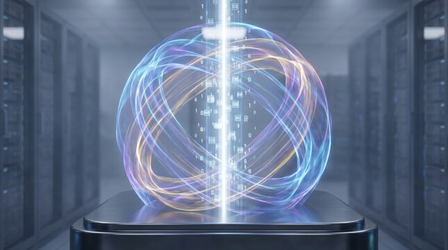 Glowing sphere of light waves and binary code surrounding a vertical light beam in a server room