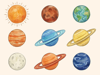 Cute Cartoon Solar System Illustration with Colorful Planets and Sun © Cumi Studio