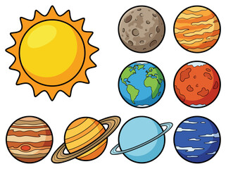 Cute Cartoon Solar System Illustration with Colorful Planets and Sun © Cumi Studio