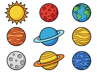 Cute Cartoon Solar System Illustration with Colorful Planets and Sun © Cumi Studio