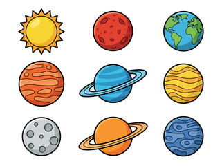 Cute Cartoon Solar System Illustration with Colorful Planets and Sun © Cumi Studio