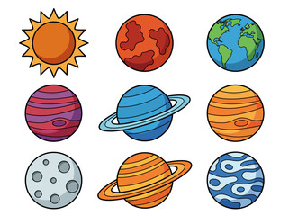 Cute Cartoon Solar System Illustration with Colorful Planets and Sun © Cumi Studio