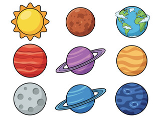 Cute Cartoon Solar System Illustration with Colorful Planets and Sun © Cumi Studio