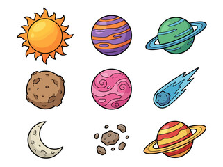 Cute Cartoon Solar System Illustration with Colorful Planets and Sun © Cumi Studio