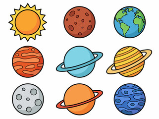 Cute Cartoon Solar System Illustration with Colorful Planets and Sun © Cumi Studio