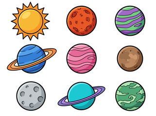 Cute Cartoon Solar System Illustration with Colorful Planets and Sun © Cumi Studio
