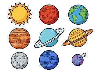 Cute Cartoon Solar System Illustration with Colorful Planets and Sun © Cumi Studio
