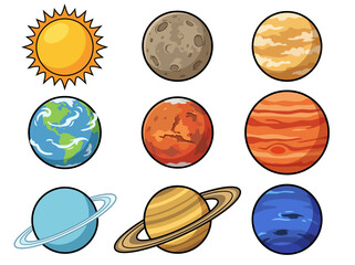 Cute Cartoon Solar System Illustration with Colorful Planets and Sun © Cumi Studio
