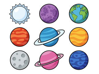 Cute Cartoon Solar System Illustration with Colorful Planets and Sun © Cumi Studio