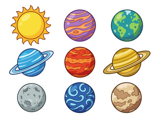 Cute Cartoon Solar System Illustration with Colorful Planets and Sun © Cumi Studio