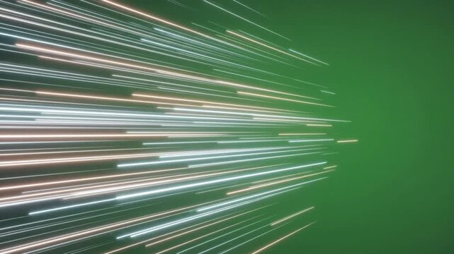 Abstract digital animation showcasing luminous trails of data moving rapidly across a striking green background, embodying advanced technological speed