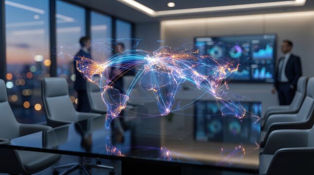Glowing holographic world map with global connection lines above a glass table in a modern boardroom