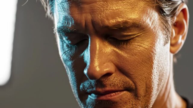 Close-up of a stressed middle-aged man in deep thought. Portrait of a worried male face with dramatic split lighting. Mental health and exhaustion concept