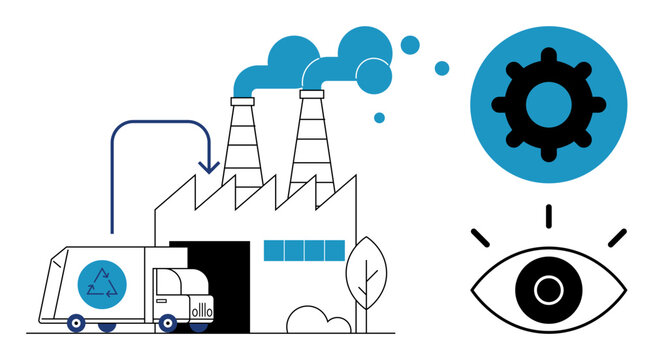 Recycling concept. Recycling illustrated through factory emissions, waste vehicle, and symbolic visuals. Recycling promotes industrial sustainability and eco-conscious practices. Ideal for waste