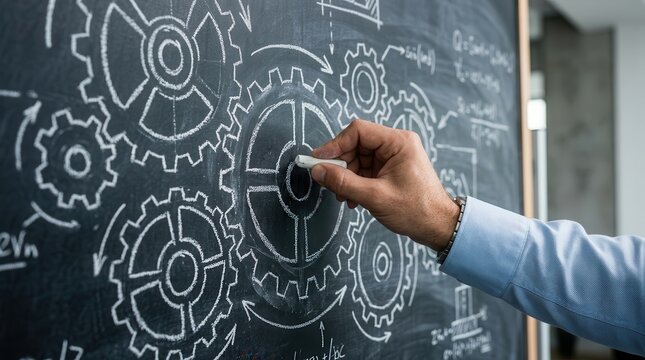 Conceptual image of a businessman sketching interlocking gear symbols on a chalkboard.