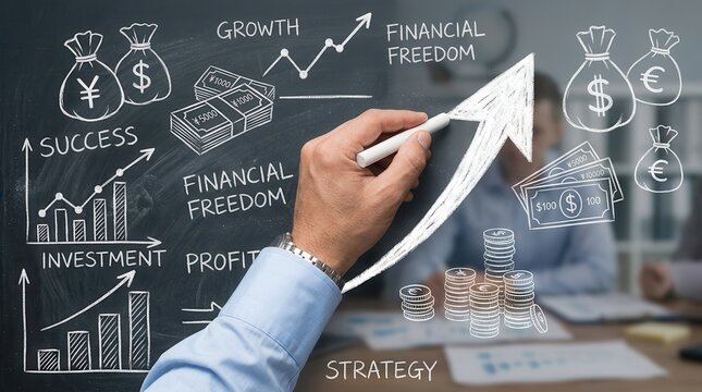 Concept of saving and growing money represented by a businessman drawing on a blackboard.