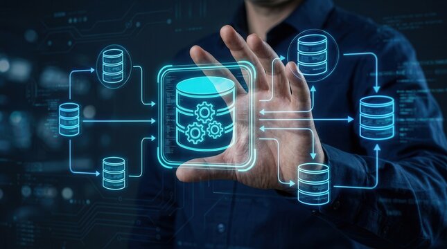 An engineer holding glowing database icons representing a complex data pipeline and warehouse architecture.
