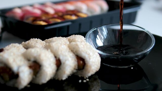Soy sauce slowly fills a small glass dish placed beside sushi rolls covered with white sesame on a black plate. The rich dark sauce complements the fresh ingredients, enhancing flavor. 