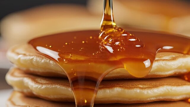 Delicious golden syrup pouring onto a stack of fluffy pancakes closeup.