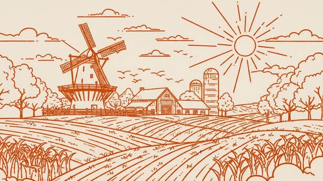 Rustic orange line drawing of windmill, house, sun, and fields
