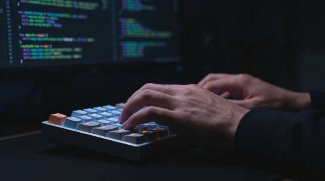 Software developer hands typing on a modern mechanical keyboard with code on the screen behind