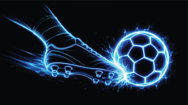 Neon blue soccer ball flying with flame-like energy streak, futuristic football speed effect artwork