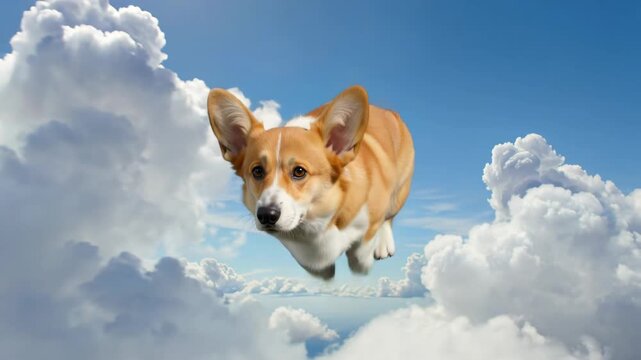 Funny corgi puppy floating in the sky among white clouds whimsical fantasy scene joyful pet entertainment and creative imagination concept
