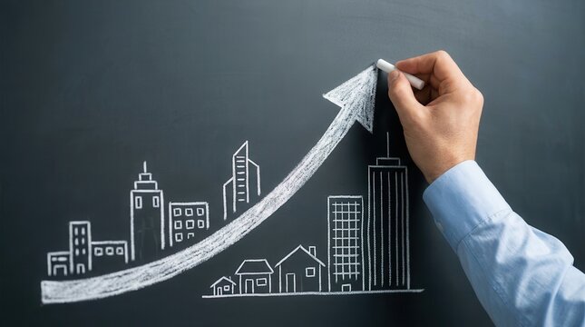 Concept of business development and growth illustrated by drawing buildings and an arrow on a chalkboard.