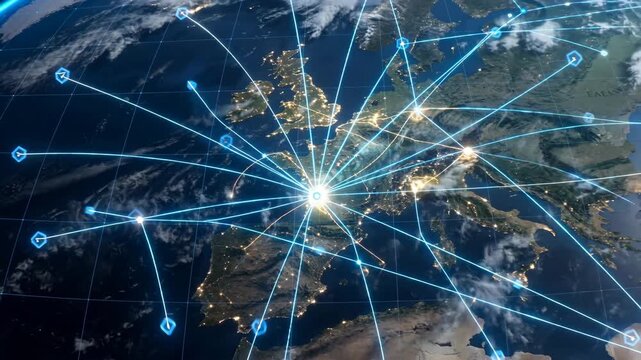 Global network connections over Europe map showing digital communication data flow and international connectivity across continents at night