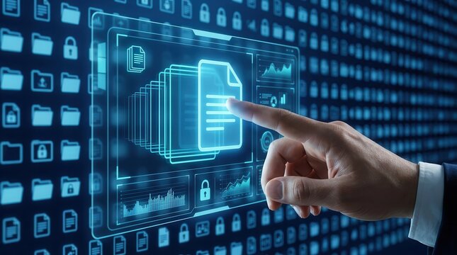Document management system DMS concept featuring a businessman selecting digital files.
