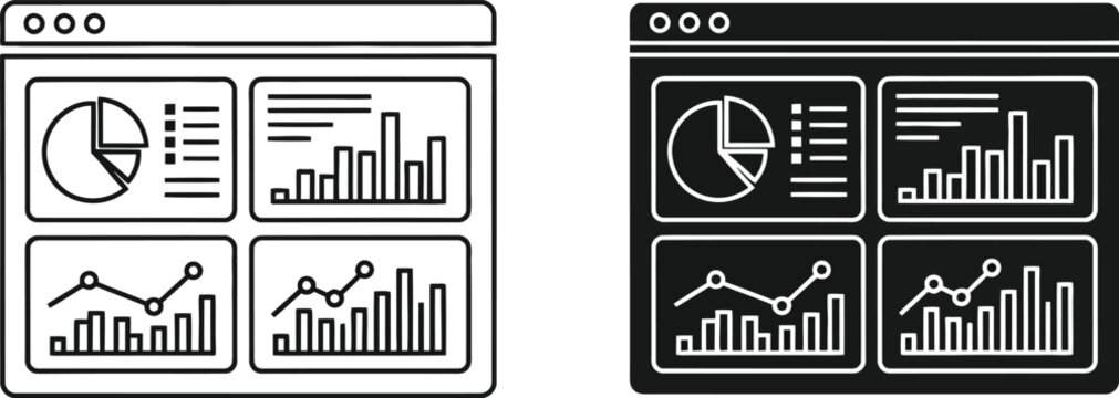 Data analytics dashboard interface icons black and white line art set