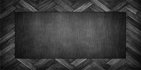 A textured black rectangular surface, framed by a striking herringbone wood pattern, presents a sophisticated backdrop for any presentation.  © jaduuu