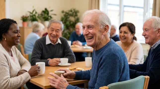 Diverse Group of Senior Citizens Laughing and Socializing over Coffee in Community Center