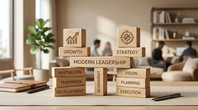 Business strategy, leadership blocks, wooden planning cubes, growth vision execution