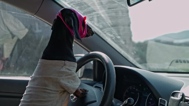 Funny dachshund dog wearing pink mask and beige sweater sitting behind steering wheel inside car interior, pet driver concept, humorous transport scene, car theft by a thief