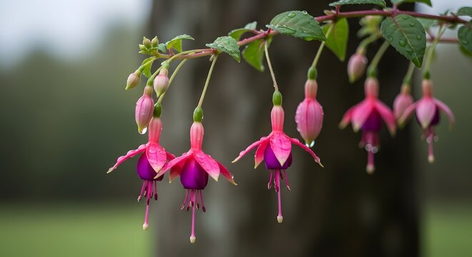 Fuchsia flowers on branch vibrant pink nature photography