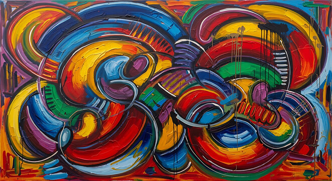 The vibrant painting depicts swirling abstract shapes in bold colorful brushstrokes on canvas.
