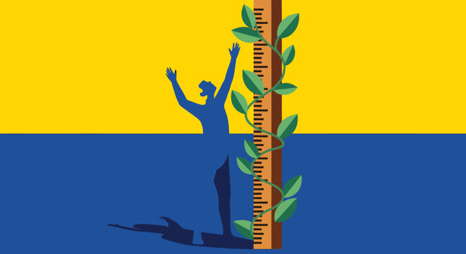Person reaching for growth and success measured by a ruler with leaves, symbolizing progress and achievement