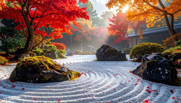 Japanese Zen Rock Garden in Autumn with Raked Gravel and Vibrant Maple Trees
