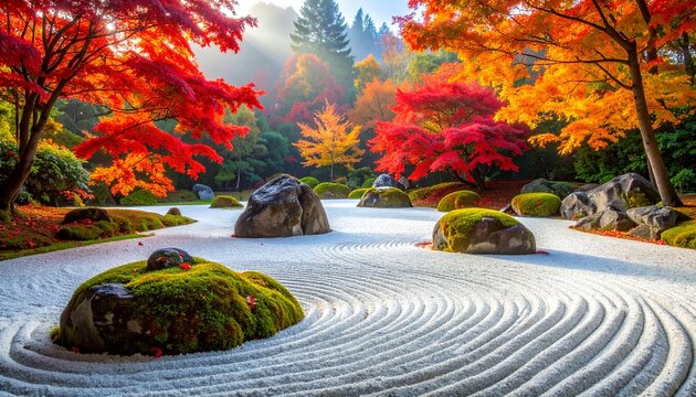 Traditional Japanese Zen Rock Garden with Autumn Colors and Mossy Boulders
