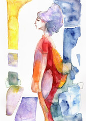 Woman in Symbolic Passage Between Color Fields, Side Profile Figure, Hand Painted Watercolor © pronoia