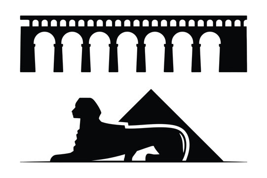Ancient egyptian monuments sphinx pyramid and roman aqueduct icons with aqueduct
