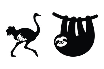 Fototapeta premium Ostrich running and sloth hanging on tree branch with wildlife, silhouette