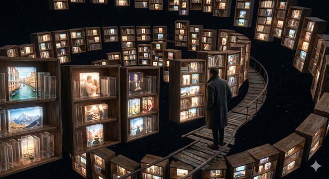 A Journey Through Knowledge: A person ventures into a surreal library, navigating winding pathways framed by illuminated bookshelves filled with the stories of the world. 