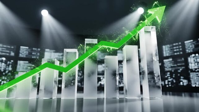 Green upward arrow on transparent glass bar chart with spotlight effects. Modern concept of positive trends, investment performance, economic analysis for business presentations