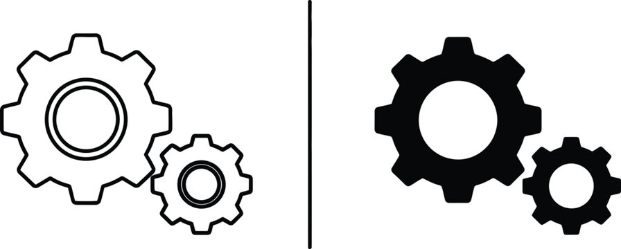 Gear icons set outline and filled versions for mechanical engineering